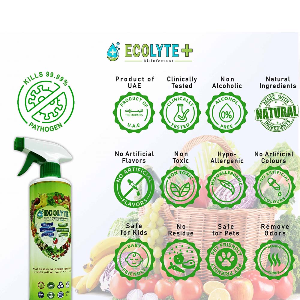 Ecolyte Fruits and Vegetables Disinfectant 500ml Pack of 24 Pcs I 100% Natural Action, Removes Pesticides & 99.9% Germs With Pure Electrolyzed Water, Safe to Use on Veggies and Fruits, Nontoxic and Nonalcoholic.
